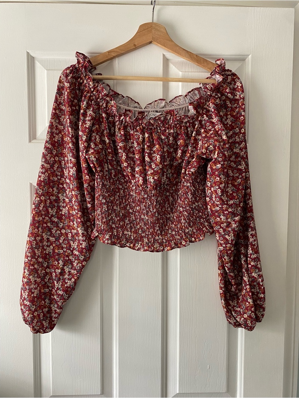 Smocked Floral Off-Shoulder Blouse in Wine Red